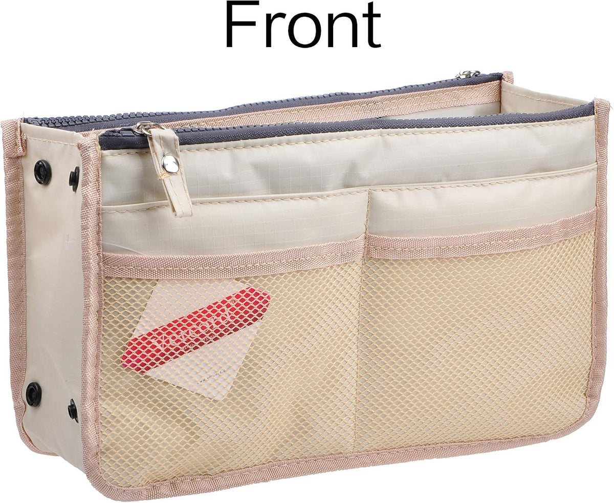 Updated Purse Handbag Organizer Insert Liner Bag in Bag 13 Pockets Beige Dot Small