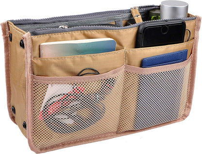 Updated Purse Handbag Organizer Insert Liner Bag in Bag 13 Pockets Beige Dot Small