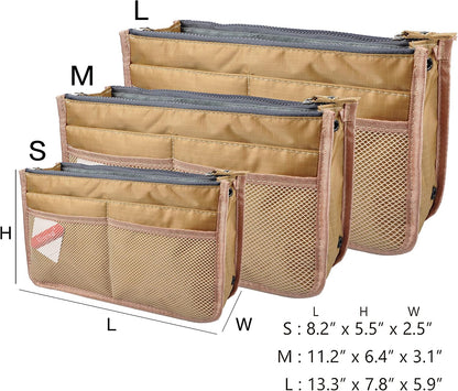 Updated Purse Handbag Organizer Insert Liner Bag in Bag 13 Pockets Beige Dot Small