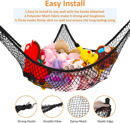 Toy Hammock for Stuffed Animals, Stuffed Animal Hammock Net Jumbo Plush Toy Storage Cornet Net 70" Wall Sling Large Teddy Bear Storage Organizer Black