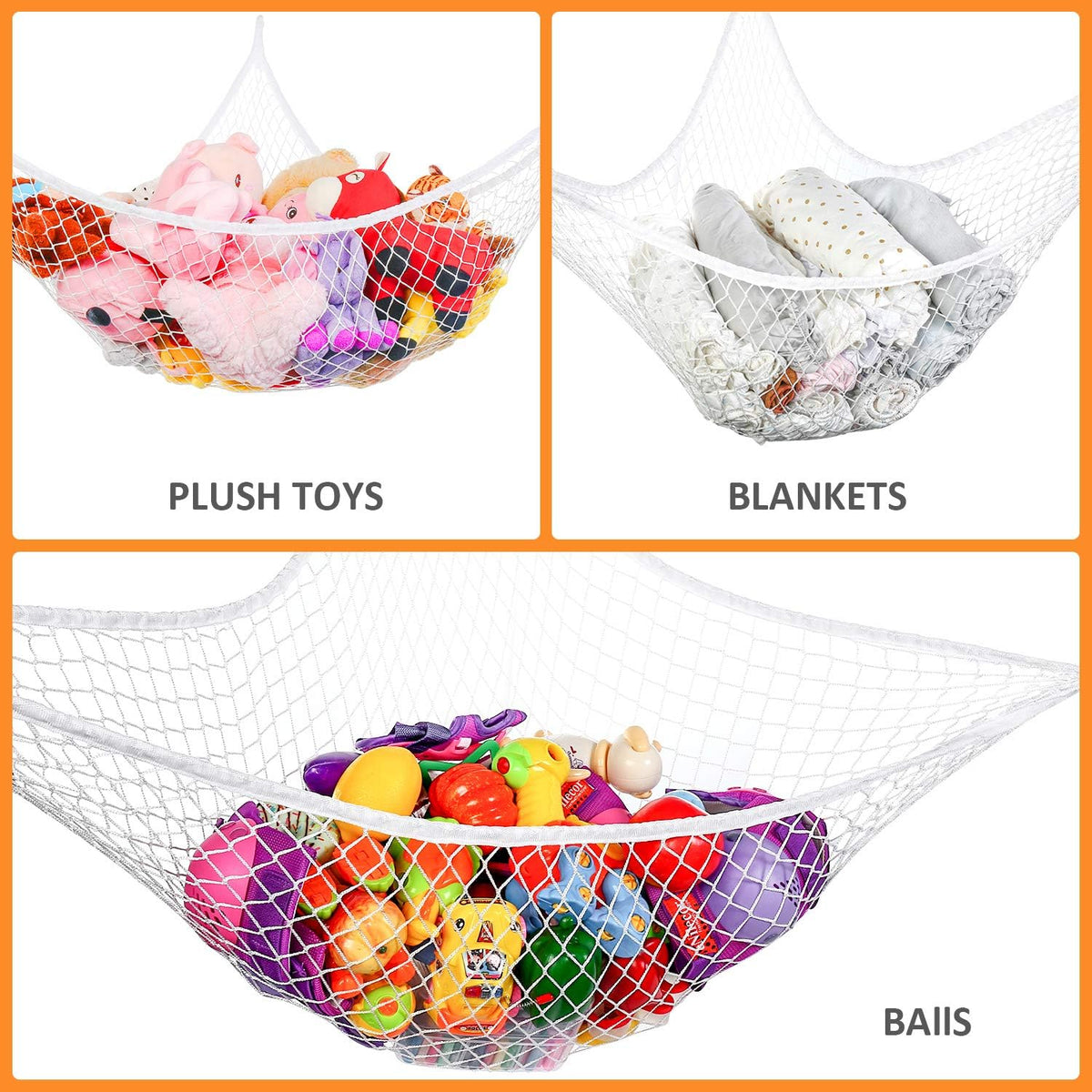Toy Hammock for Stuffed Animals, Stuffed Animal Hammock Net Jumbo Plush Toy Storage Cornet Net 70" Wall Sling Large Teddy Bear Storage Organizer Black