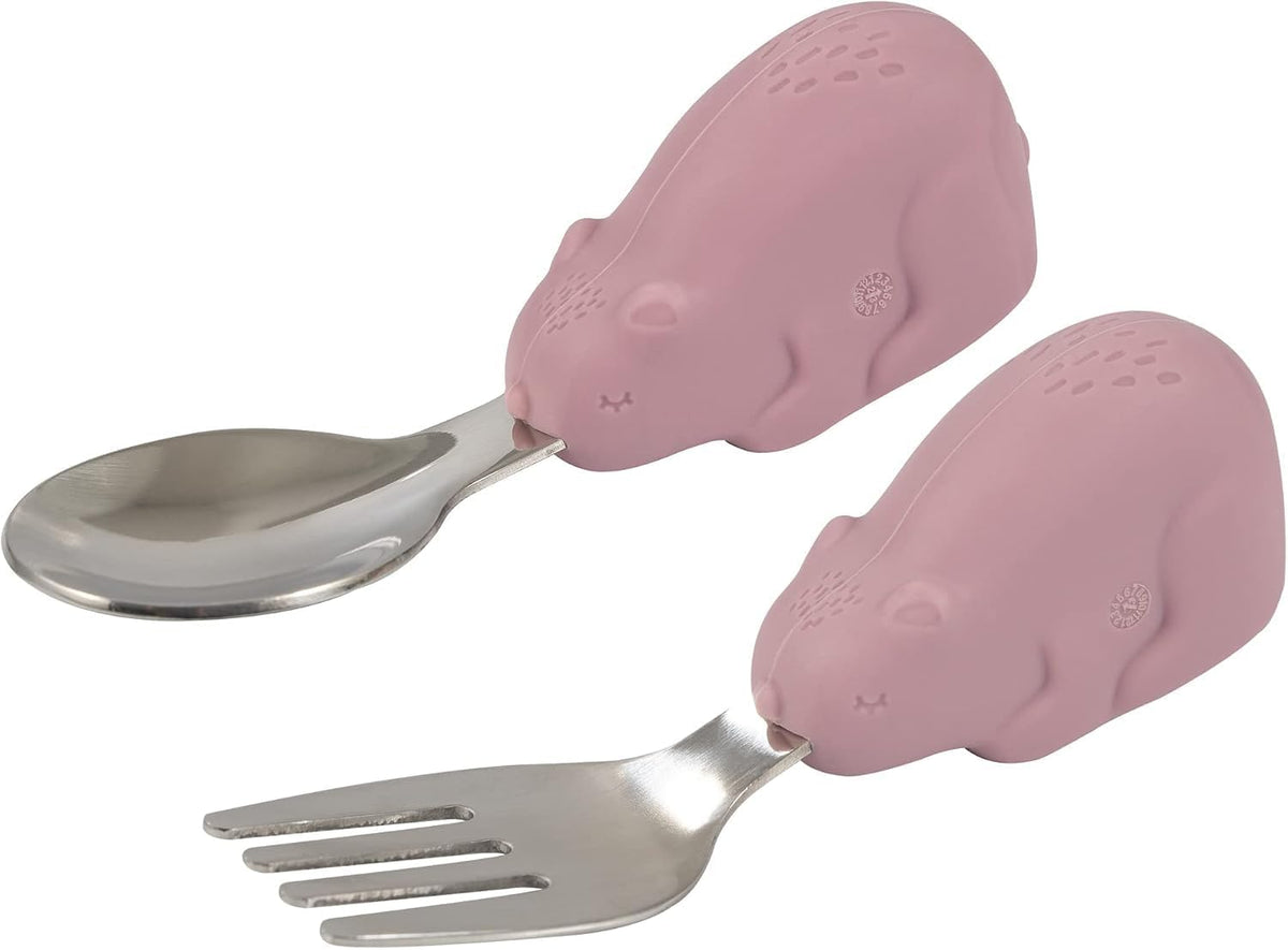 Easy Grip Toddler Utensils Spoon and Fork Set - BPA & Phthalate Free Utensil Sets, Kids Silverware With Silicone Handle, Baby Led Weaning Supplies for 12 Months & Up (Sage Bear)