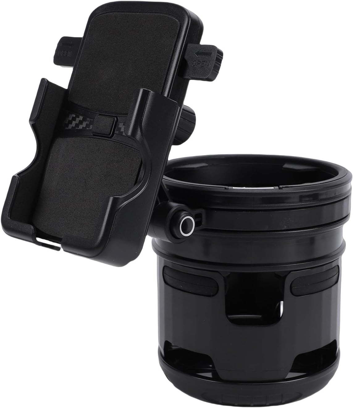 Stroller Cup Holder with Phone Mount, 360 Degree Rotatable Water Bottle Rack for Bike Handles 23mm to 40mm, Foldable Dual Beverage Organizer for Parents