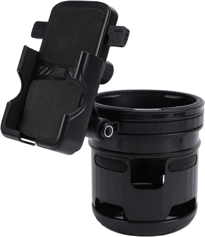 Stroller Cup Holder with Phone Mount, 360 Degree Rotatable Water Bottle Rack for Bike Handles 23mm to 40mm, Foldable Dual Beverage Organizer for Parents