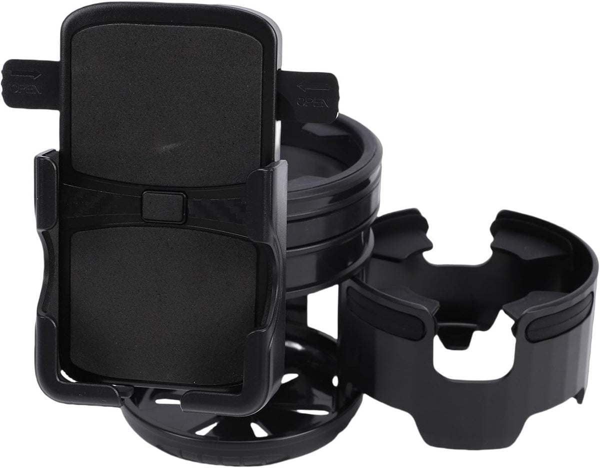 Stroller Cup Holder with Phone Mount, 360 Degree Rotatable Water Bottle Rack for Bike Handles 23mm to 40mm, Foldable Dual Beverage Organizer for Parents