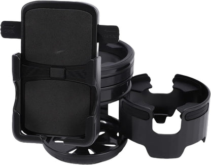 Stroller Cup Holder with Phone Mount, 360 Degree Rotatable Water Bottle Rack for Bike Handles 23mm to 40mm, Foldable Dual Beverage Organizer for Parents