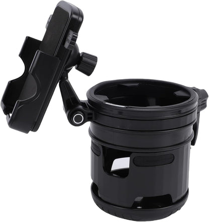 Stroller Cup Holder with Phone Mount, 360 Degree Rotatable Water Bottle Rack for Bike Handles 23mm to 40mm, Foldable Dual Beverage Organizer for Parents