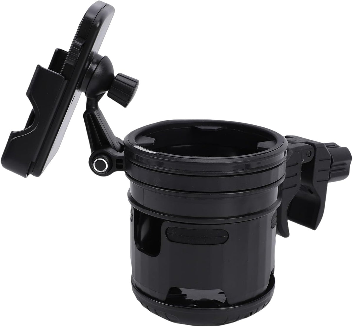 Stroller Cup Holder with Phone Mount, 360 Degree Rotatable Water Bottle Rack for Bike Handles 23mm to 40mm, Foldable Dual Beverage Organizer for Parents