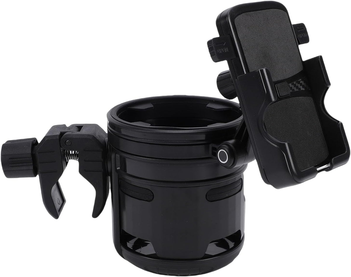 Stroller Cup Holder with Phone Mount, 360 Degree Rotatable Water Bottle Rack for Bike Handles 23mm to 40mm, Foldable Dual Beverage Organizer for Parents