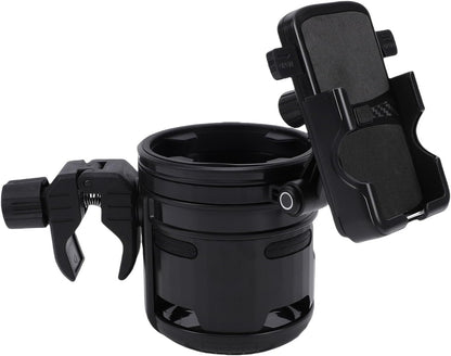 Stroller Cup Holder with Phone Mount, 360 Degree Rotatable Water Bottle Rack for Bike Handles 23mm to 40mm, Foldable Dual Beverage Organizer for Parents