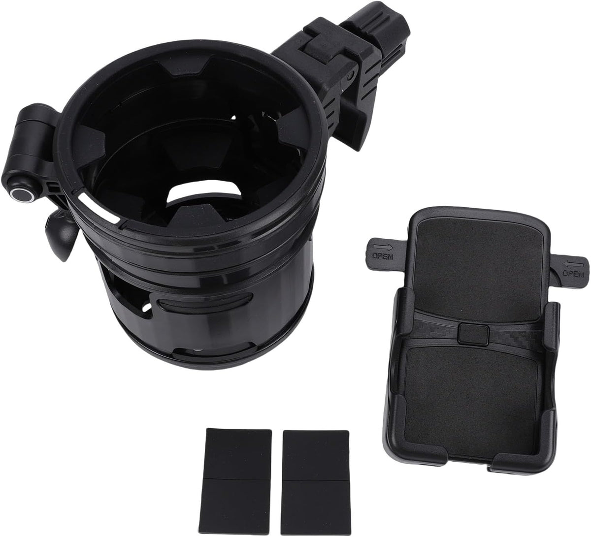 Stroller Cup Holder with Phone Mount, 360 Degree Rotatable Water Bottle Rack for Bike Handles 23mm to 40mm, Foldable Dual Beverage Organizer for Parents