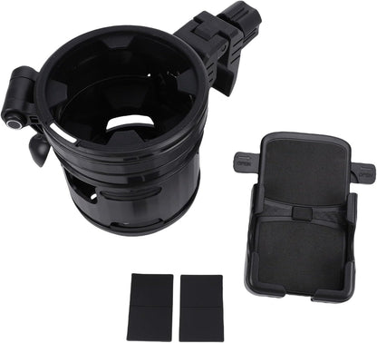 Stroller Cup Holder with Phone Mount, 360 Degree Rotatable Water Bottle Rack for Bike Handles 23mm to 40mm, Foldable Dual Beverage Organizer for Parents