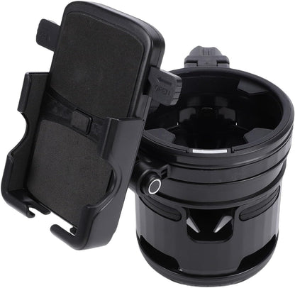 Stroller Cup Holder with Phone Mount, 360 Degree Rotatable Water Bottle Rack for Bike Handles 23mm to 40mm, Foldable Dual Beverage Organizer for Parents