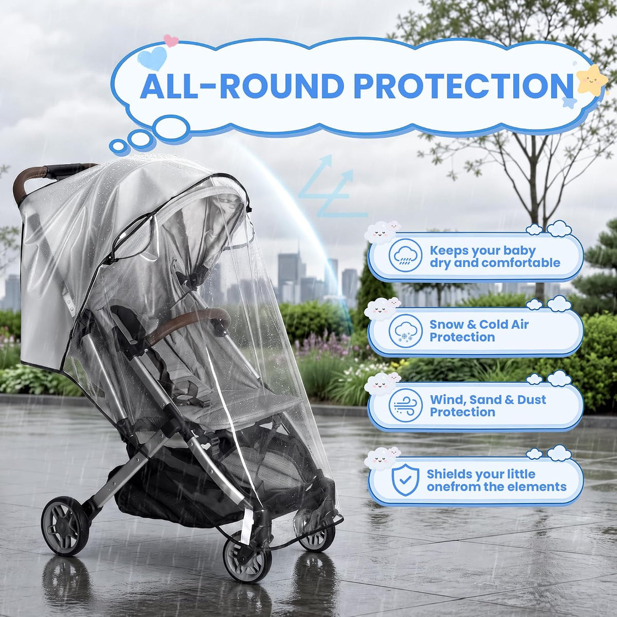 bemece Universal Stroller Rain Cover, Clear EVA Shield with Side Air Vents