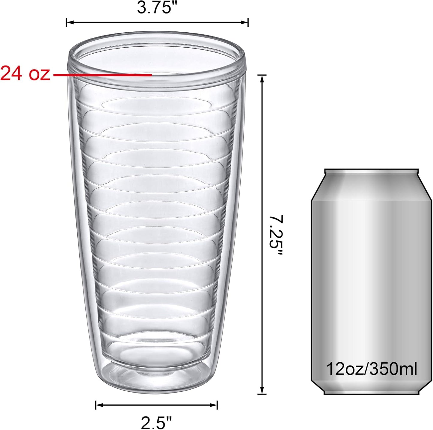 Alaska - 24-Ounce Insulated Plastic Tumblers (Set of 6), Double-Wall Plastic Drinking Glasses, All-Clear Reusable Cups, BPA-Free, Shatter-Proof, Dishwasher-Safe