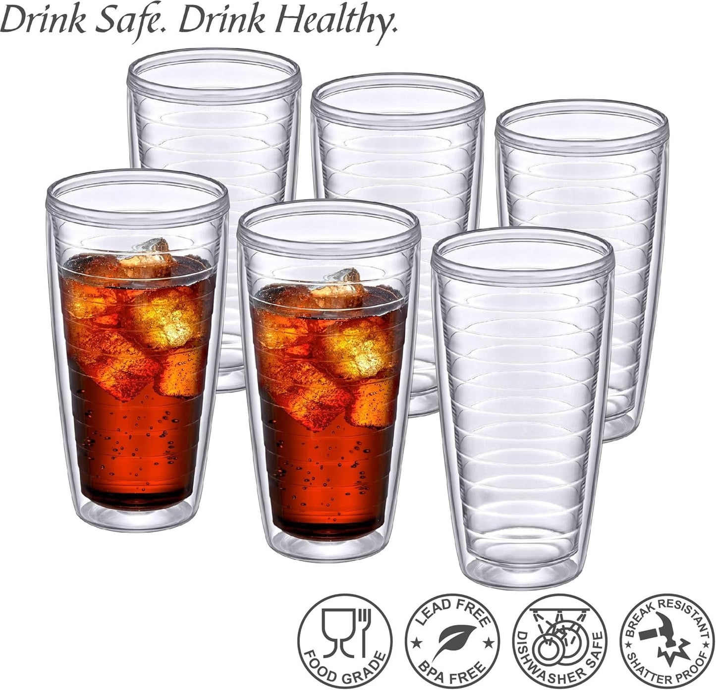 Alaska - 24-Ounce Insulated Plastic Tumblers (Set of 6), Double-Wall Plastic Drinking Glasses, All-Clear Reusable Cups, BPA-Free, Shatter-Proof, Dishwasher-Safe