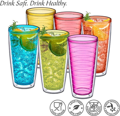 Alaska - 24-Ounce Insulated Plastic Tumblers (Set of 6), Double-Wall Plastic Drinking Glasses, All-Clear Reusable Cups, BPA-Free, Shatter-Proof, Dishwasher-Safe