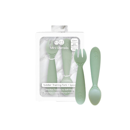 Mini Mat (Sage) + Mini Utensils (Fork & Spoon in Sage) - Toddler essentials mat and spoon