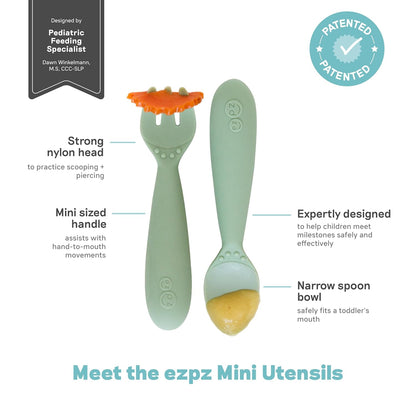 Mini Mat (Sage) + Mini Utensils (Fork & Spoon in Sage) - Toddler essentials mat and spoon