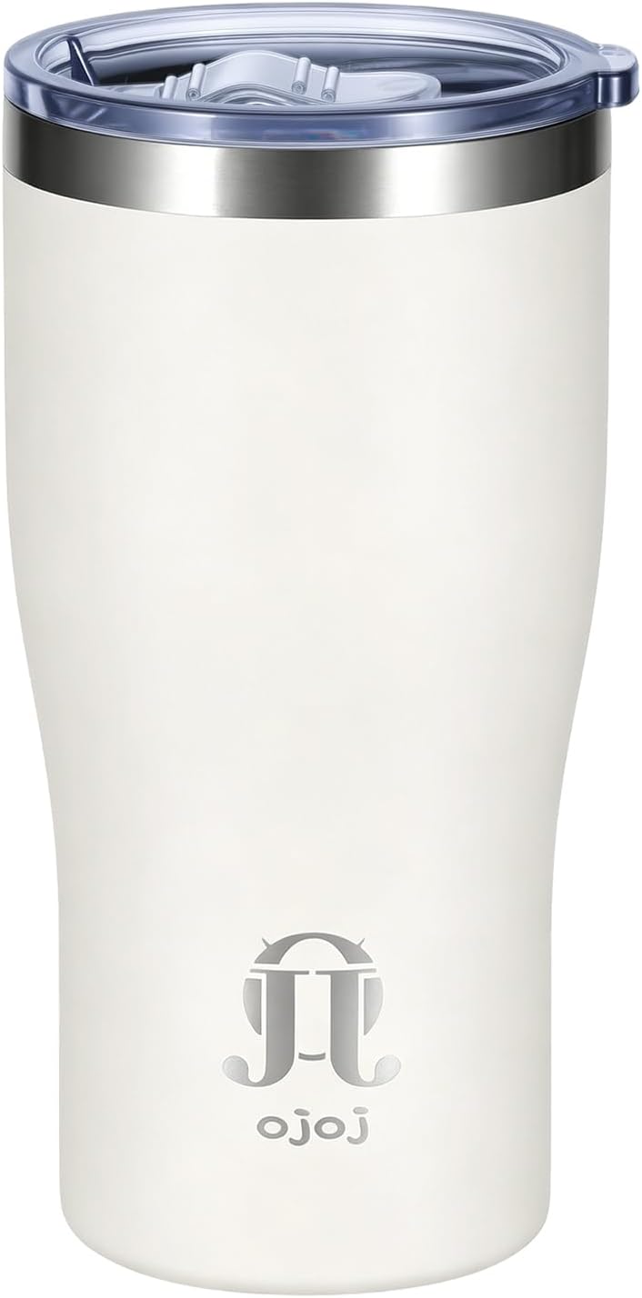 OJOJ 20oz Double Wall Vacuum Insulated Stainless Steel Travel Mug, Ceramic Lined Coffee Cup, Reusable Tumbler with Cleaning Brush.