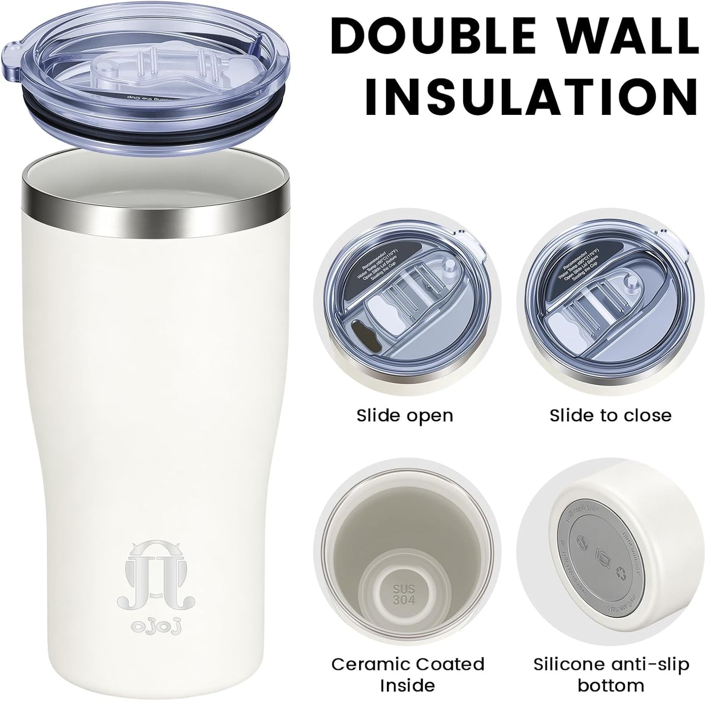 OJOJ 20oz Double Wall Vacuum Insulated Stainless Steel Travel Mug, Ceramic Lined Coffee Cup, Reusable Tumbler with Cleaning Brush.