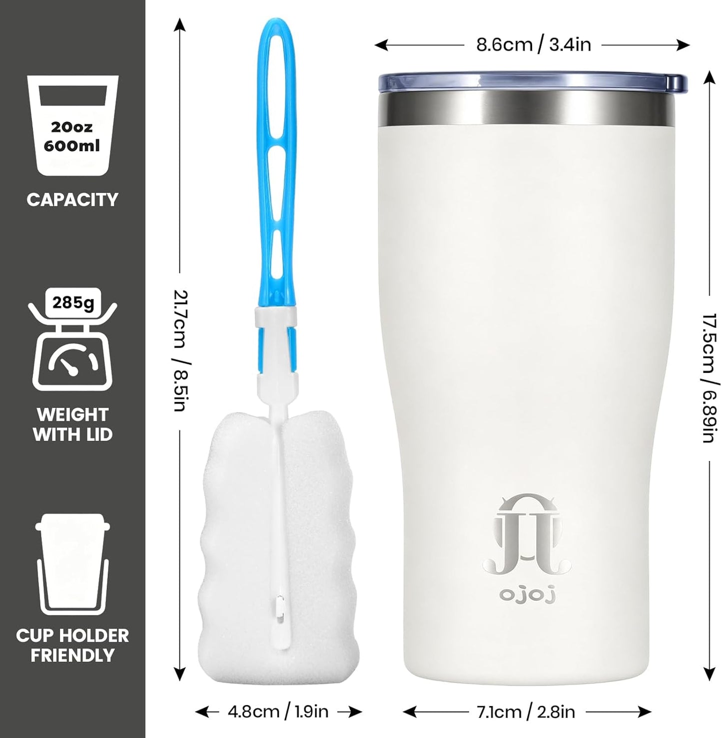 OJOJ 20oz Double Wall Vacuum Insulated Stainless Steel Travel Mug, Ceramic Lined Coffee Cup, Reusable Tumbler with Cleaning Brush.