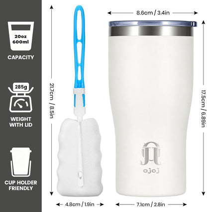 OJOJ 20oz Double Wall Vacuum Insulated Stainless Steel Travel Mug, Ceramic Lined Coffee Cup, Reusable Tumbler with Cleaning Brush.