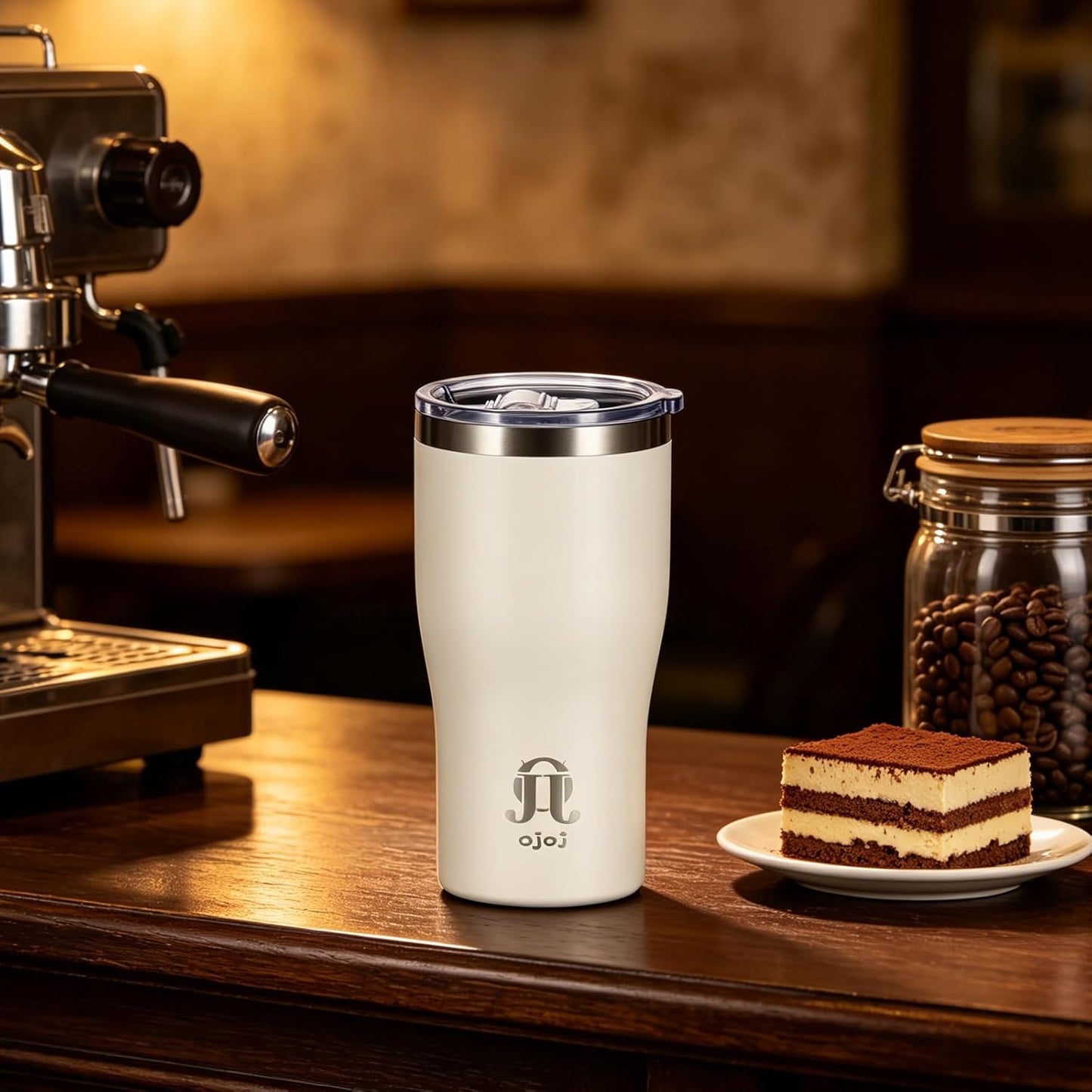 OJOJ 20oz Double Wall Vacuum Insulated Stainless Steel Travel Mug, Ceramic Lined Coffee Cup, Reusable Tumbler with Cleaning Brush.