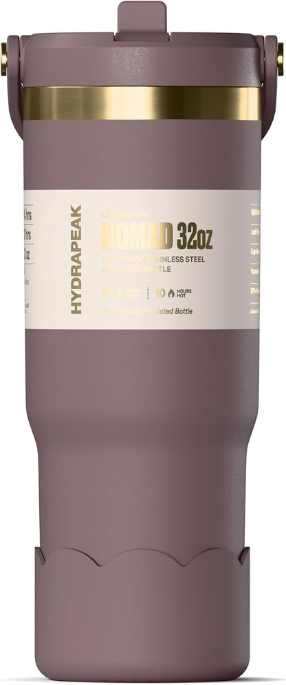 Nomad 32 oz Tumbler with Handle and Straw Lid, Scallop Silicone Boot, Gold Trim, Leakproof, Double Insulated Stainless Steel Cup (Seafoam)