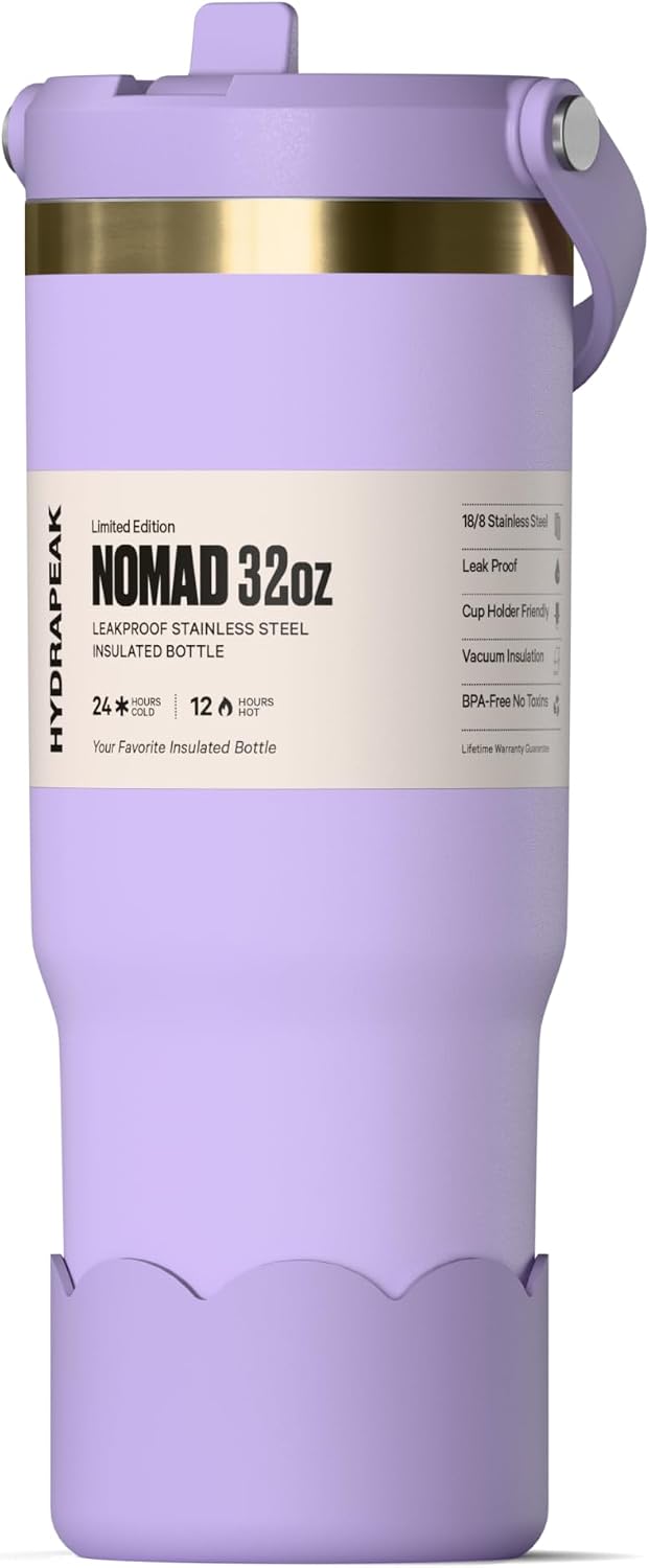 Nomad 32 oz Tumbler with Handle and Straw Lid, Scallop Silicone Boot, Gold Trim, Leakproof, Double Insulated Stainless Steel Cup (Seafoam)