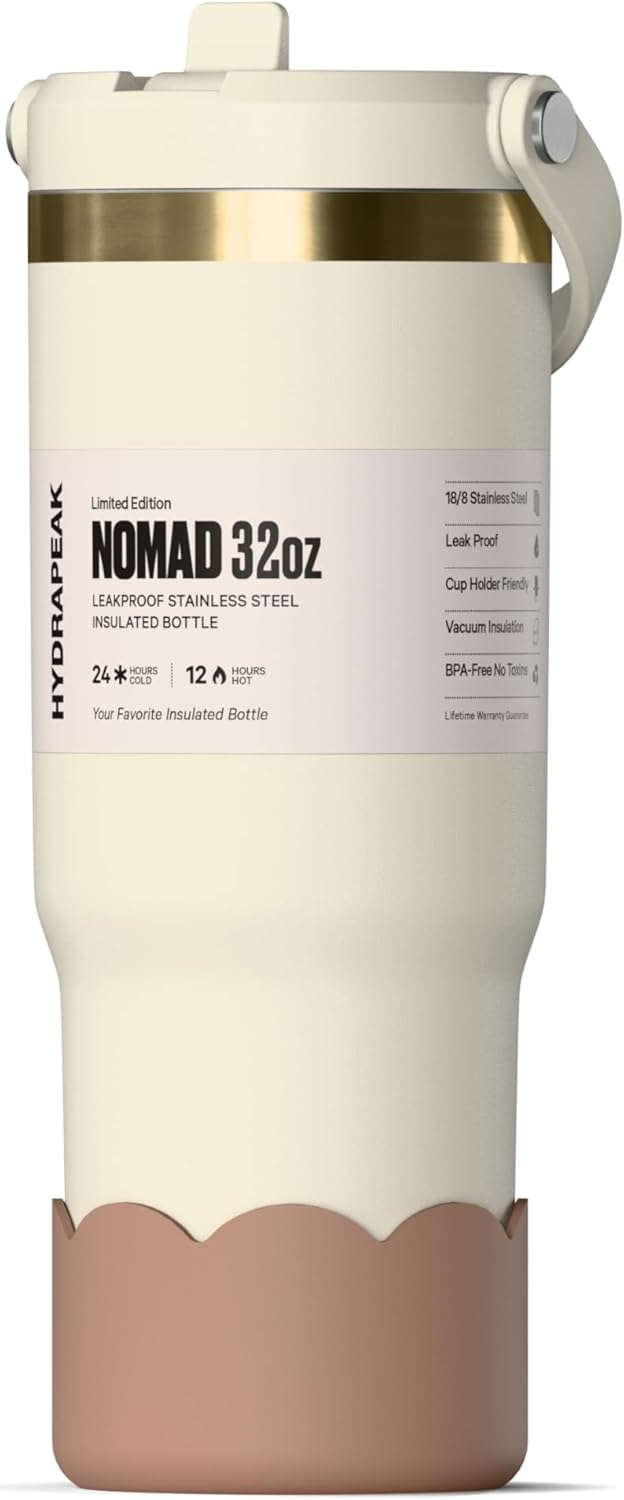 Nomad 32 oz Tumbler with Handle and Straw Lid, Scallop Silicone Boot, Gold Trim, Leakproof, Double Insulated Stainless Steel Cup (Seafoam)