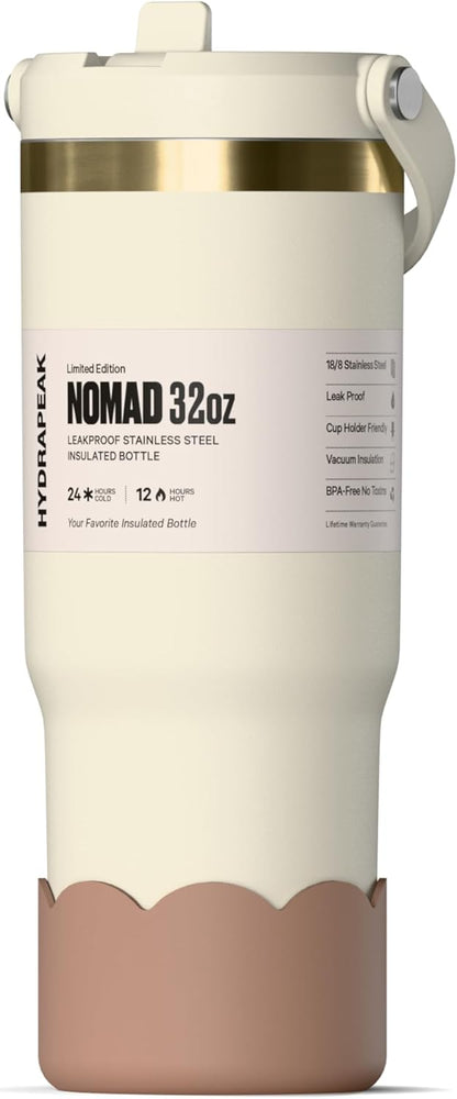 Nomad 32 oz Tumbler with Handle and Straw Lid, Scallop Silicone Boot, Gold Trim, Leakproof, Double Insulated Stainless Steel Cup (Seafoam)