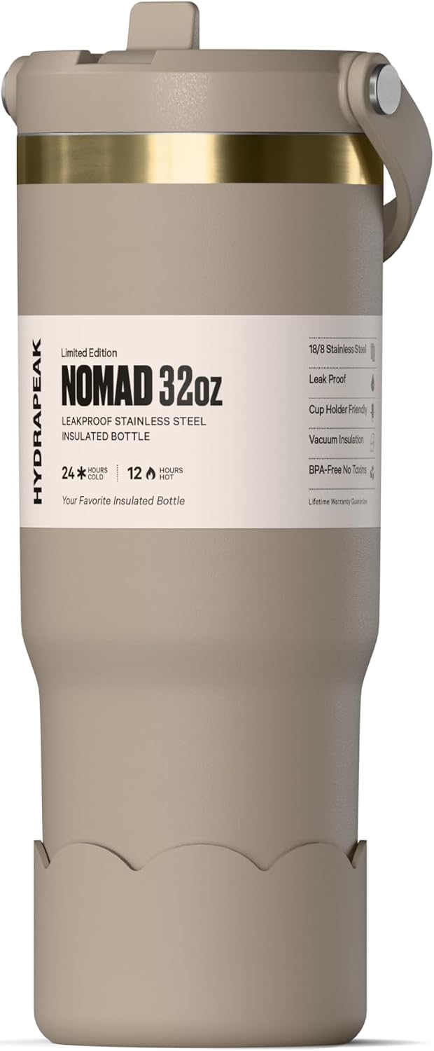 Nomad 32 oz Tumbler with Handle and Straw Lid, Scallop Silicone Boot, Gold Trim, Leakproof, Double Insulated Stainless Steel Cup (Seafoam)