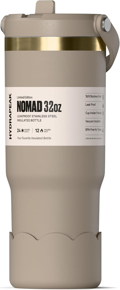 Nomad 32 oz Tumbler with Handle and Straw Lid, Scallop Silicone Boot, Gold Trim, Leakproof, Double Insulated Stainless Steel Cup (Seafoam)