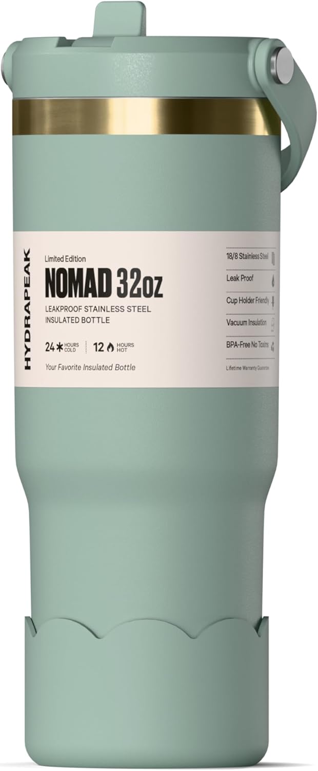 Nomad 32 oz Tumbler with Handle and Straw Lid, Scallop Silicone Boot, Gold Trim, Leakproof, Double Insulated Stainless Steel Cup (Seafoam)