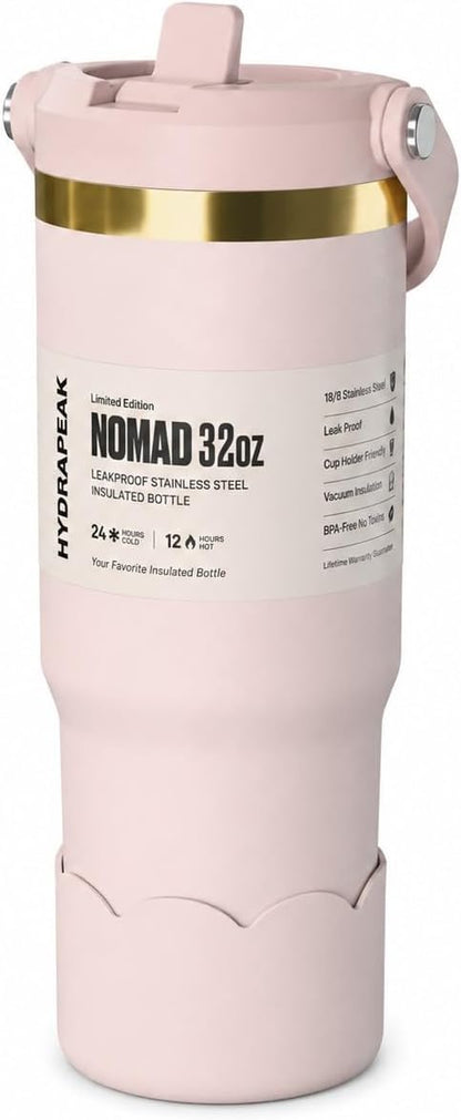 Nomad 32 oz Tumbler with Handle and Straw Lid, Scallop Silicone Boot, Gold Trim, Leakproof, Double Insulated Stainless Steel Cup (Seafoam)