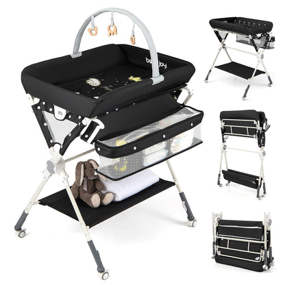 Portable Baby Changing Table, Foldable Diaper Changing Station with Wheels, Adjustable Height, Large Storage Rack, Removable Activity Arch, Mobile Nursery Organizer for Newborn Infant (Black)