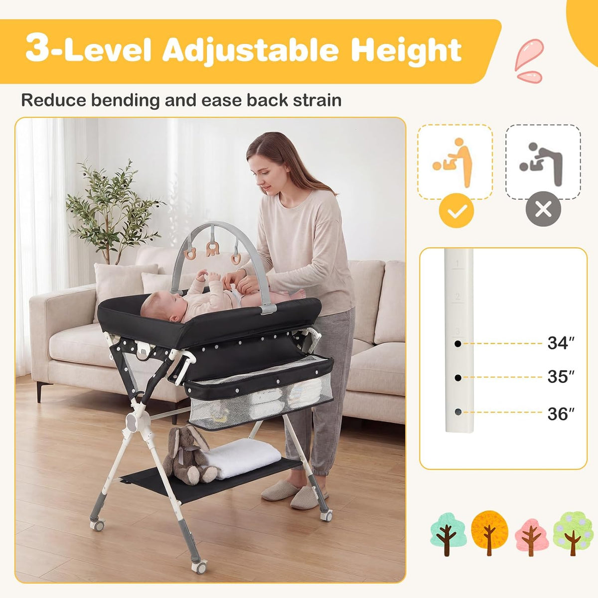 Portable Baby Changing Table, Foldable Diaper Changing Station with Wheels, Adjustable Height, Large Storage Rack, Removable Activity Arch, Mobile Nursery Organizer for Newborn Infant (Black)