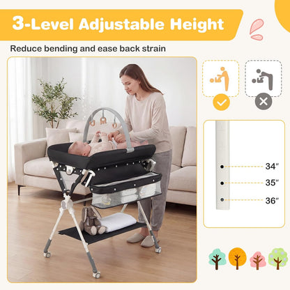 Portable Baby Changing Table, Foldable Diaper Changing Station with Wheels, Adjustable Height, Large Storage Rack, Removable Activity Arch, Mobile Nursery Organizer for Newborn Infant (Black)