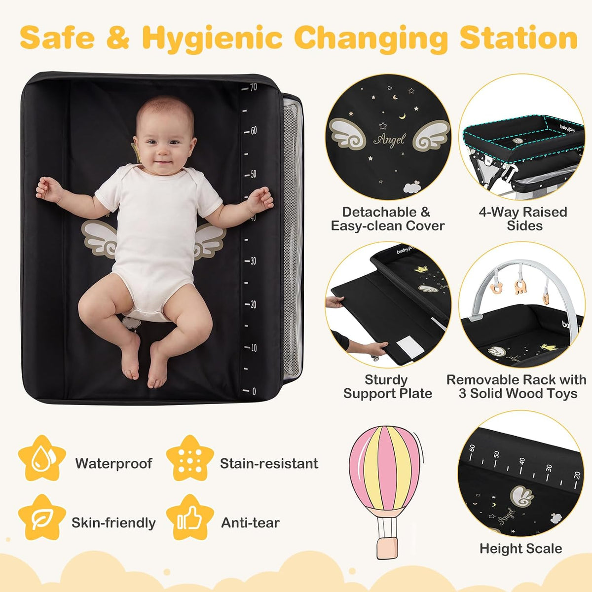 Portable Baby Changing Table, Foldable Diaper Changing Station with Wheels, Adjustable Height, Large Storage Rack, Removable Activity Arch, Mobile Nursery Organizer for Newborn Infant (Black)