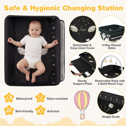 Portable Baby Changing Table, Foldable Diaper Changing Station with Wheels, Adjustable Height, Large Storage Rack, Removable Activity Arch, Mobile Nursery Organizer for Newborn Infant (Black)