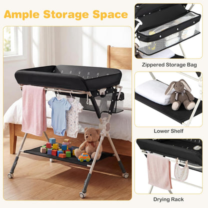 Portable Baby Changing Table, Foldable Diaper Changing Station with Wheels, Adjustable Height, Large Storage Rack, Removable Activity Arch, Mobile Nursery Organizer for Newborn Infant (Black)