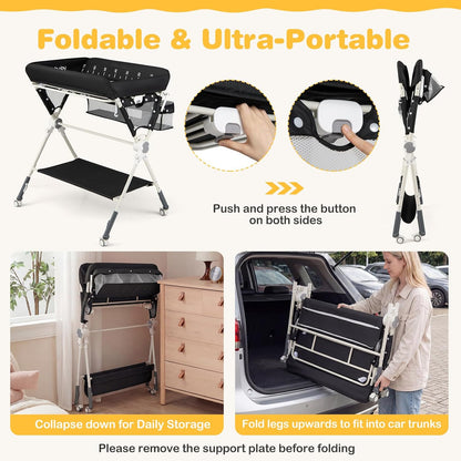 Portable Baby Changing Table, Foldable Diaper Changing Station with Wheels, Adjustable Height, Large Storage Rack, Removable Activity Arch, Mobile Nursery Organizer for Newborn Infant (Black)