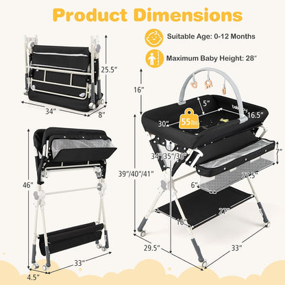 Portable Baby Changing Table, Foldable Diaper Changing Station with Wheels, Adjustable Height, Large Storage Rack, Removable Activity Arch, Mobile Nursery Organizer for Newborn Infant (Black)