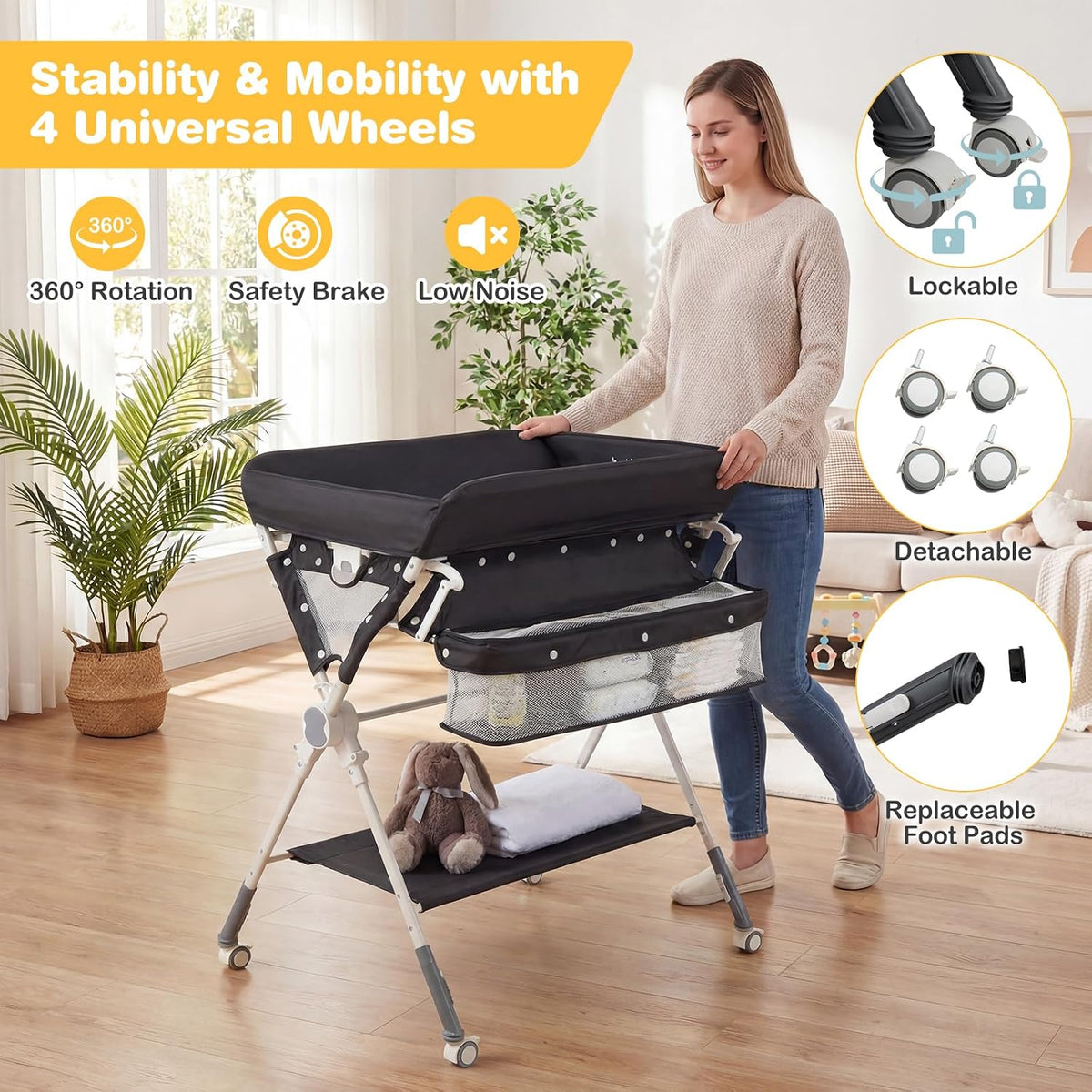 Portable Baby Changing Table, Foldable Diaper Changing Station with Wheels, Adjustable Height, Large Storage Rack, Removable Activity Arch, Mobile Nursery Organizer for Newborn Infant (Black)