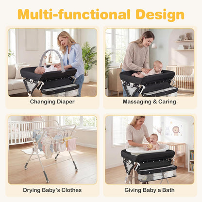 Portable Baby Changing Table, Foldable Diaper Changing Station with Wheels, Adjustable Height, Large Storage Rack, Removable Activity Arch, Mobile Nursery Organizer for Newborn Infant (Black)