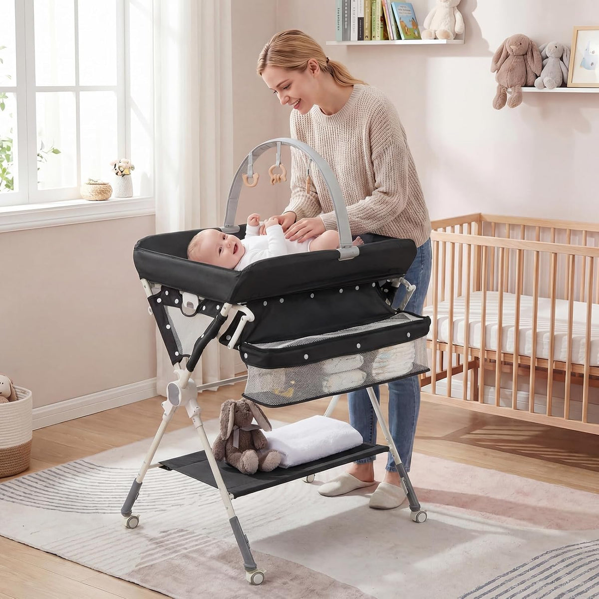 Portable Baby Changing Table, Foldable Diaper Changing Station with Wheels, Adjustable Height, Large Storage Rack, Removable Activity Arch, Mobile Nursery Organizer for Newborn Infant (Black)