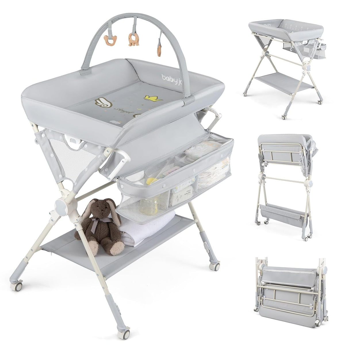 Portable Baby Changing Table, Foldable Diaper Changing Station with Wheels, Adjustable Height, Large Storage Rack, Removable Activity Arch, Mobile Nursery Organizer for Newborn Infant (Black)