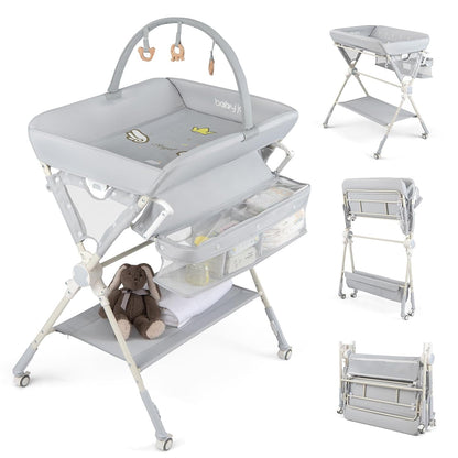 Portable Baby Changing Table, Foldable Diaper Changing Station with Wheels, Adjustable Height, Large Storage Rack, Removable Activity Arch, Mobile Nursery Organizer for Newborn Infant (Black)