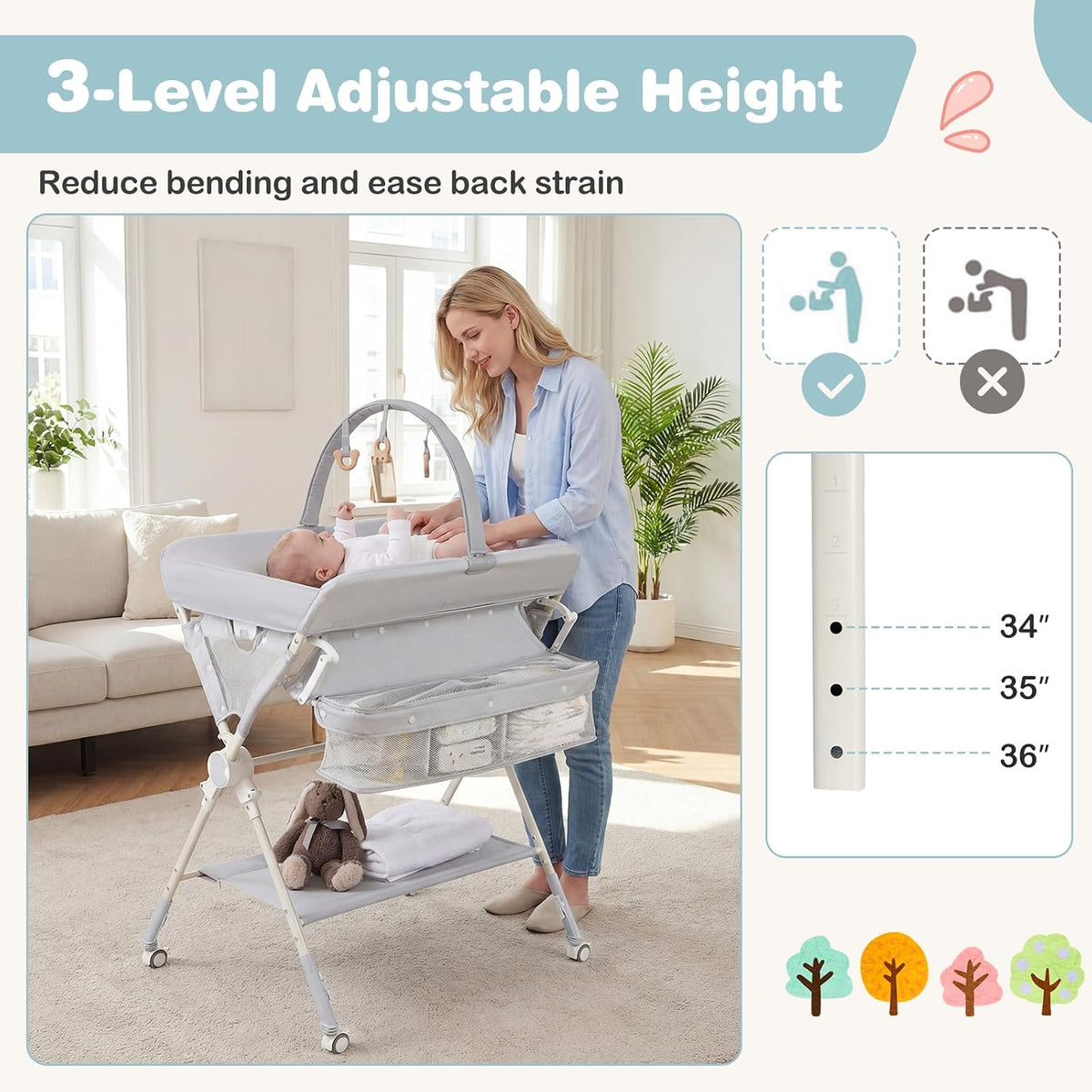Portable Baby Changing Table, Foldable Diaper Changing Station with Wheels, Adjustable Height, Large Storage Rack, Removable Activity Arch, Mobile Nursery Organizer for Newborn Infant (Black)
